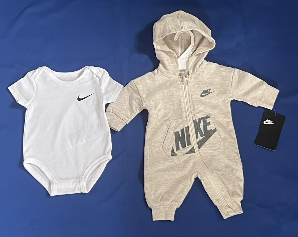 NEW AIR NIKE Baby 2-Pc GIFT SET: Jumpsuit & Bodysuit. Ivory. 0-6 Months. UNISEX.