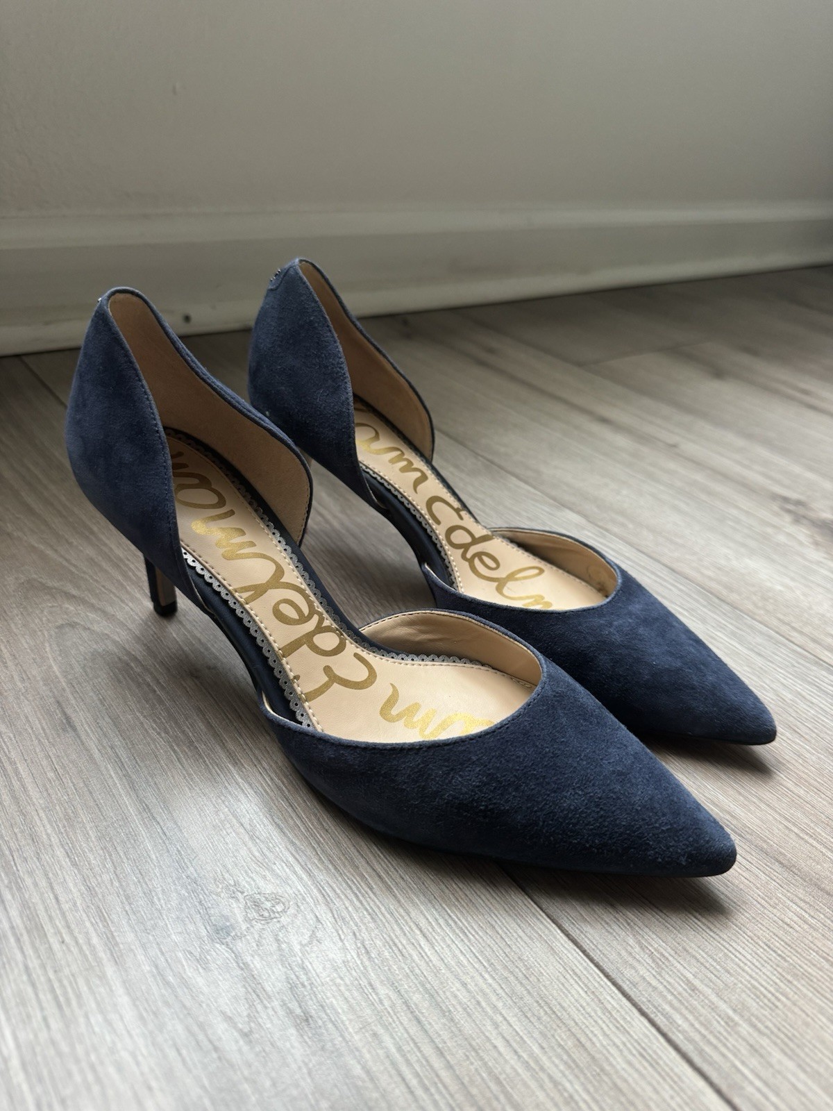 Sam Edelman Navy Blue Suede Pointed Toe D’Orsay Pump Heels Slip On Cut-Out 6.5