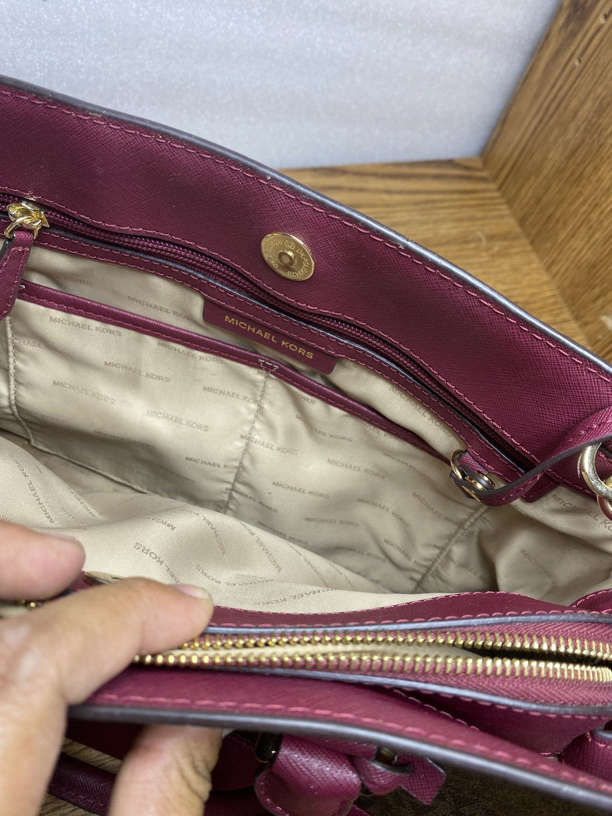 Michael Kors Savannah Signature Satchel Purse Brown Red Wine Cherry Gold