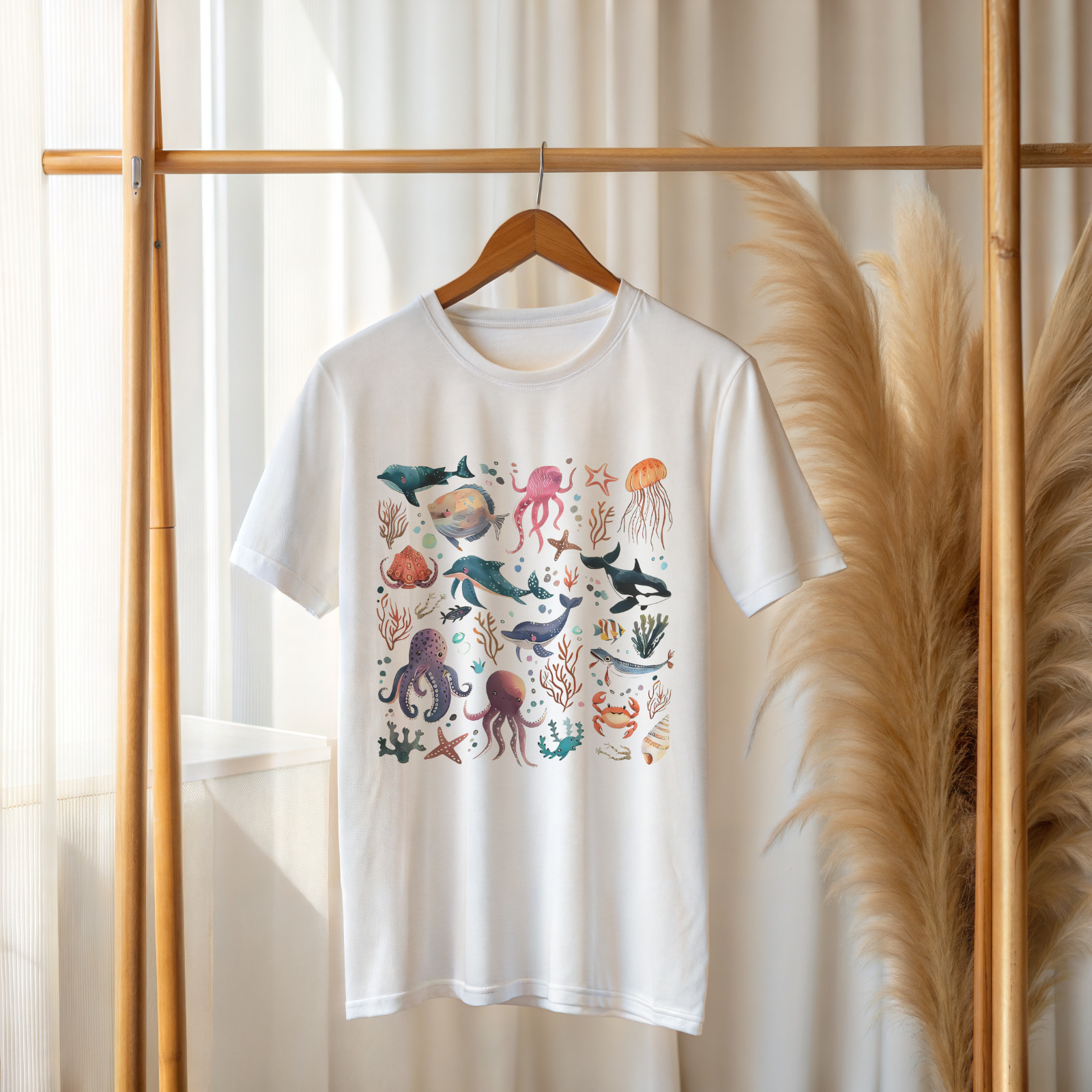 Ocean Animals Graphic T-Shirt Sea Life Illustration Tee Marine Creatures A63