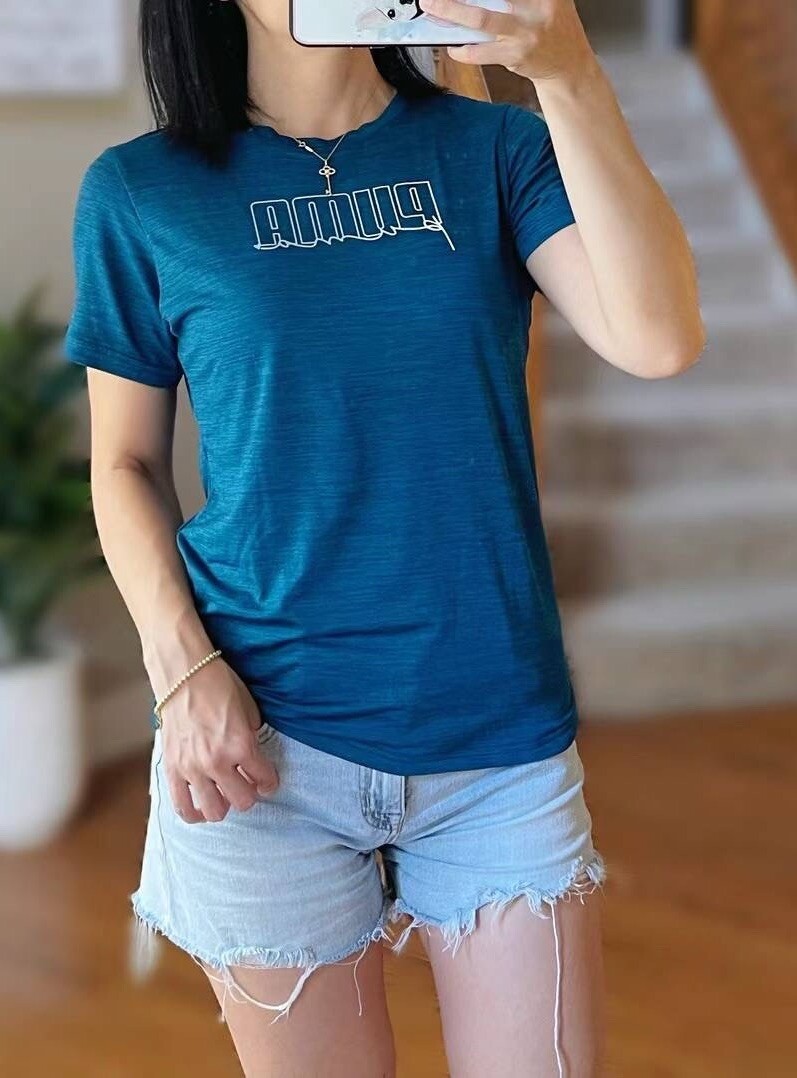 PUMA Womens Short Sleeve Logo Tee Lightweight Blue S Spell Out Logo Crew Neck