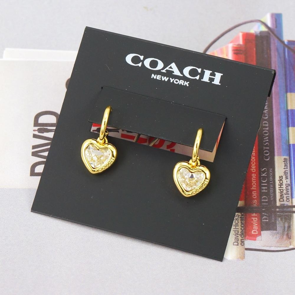NWT Coach Stone Heart Huggie Earrings Clear Gold Tone