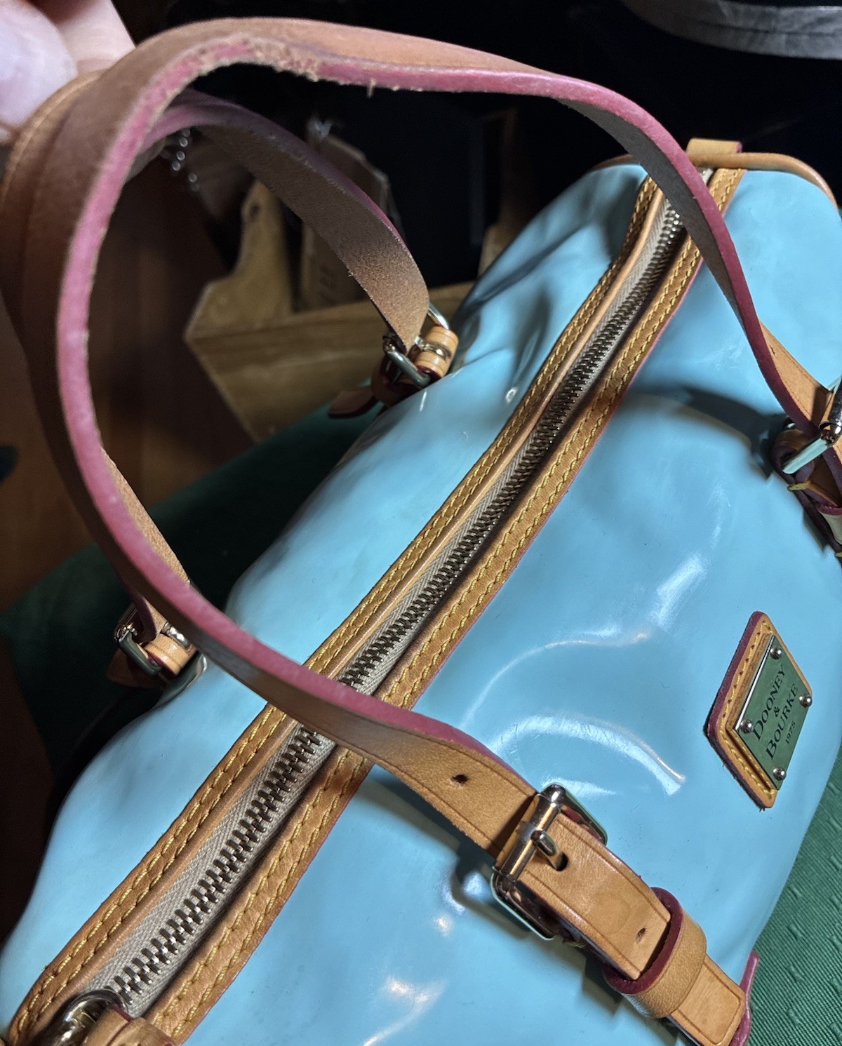 Dooney & Bourke Y2K Light Blue Patent Leather Satchel Bag Red Trim Crossbody