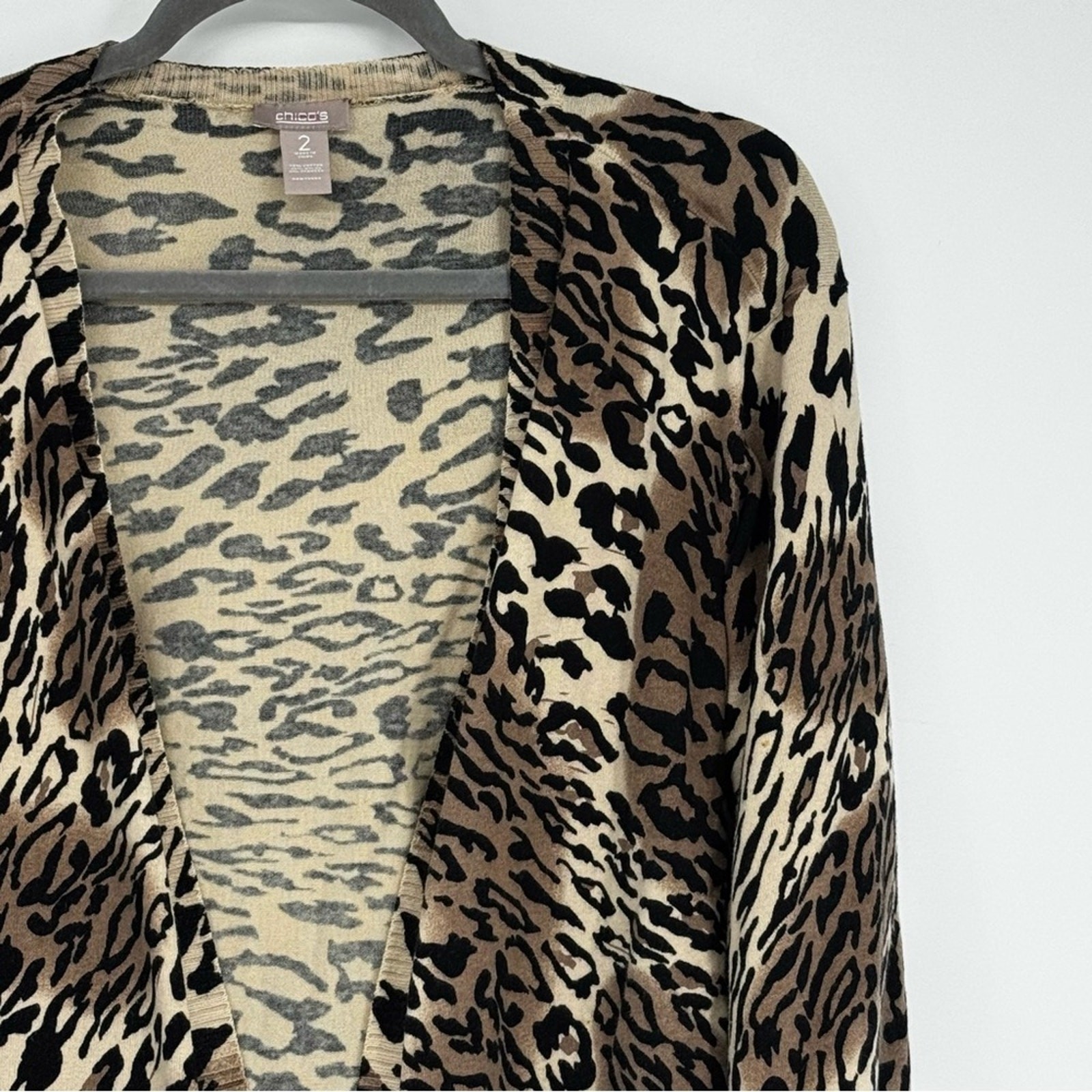 Chico’s Size 2 (Reg 12) Black/Tan Cotton/Nylon/Span Animal Print Open Cardigan
