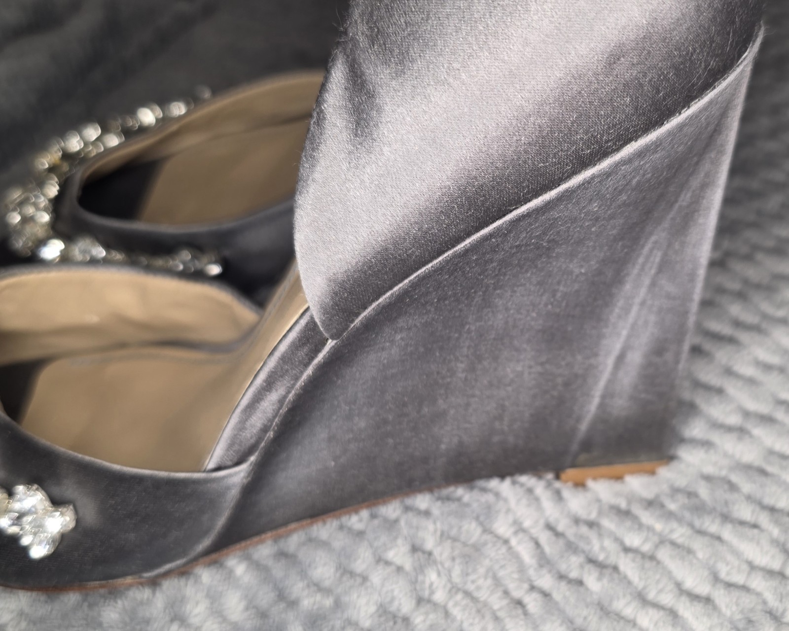 David Tutera Women’s Gray Satin Open Toe Wedge Heels with Rhinestone Accents