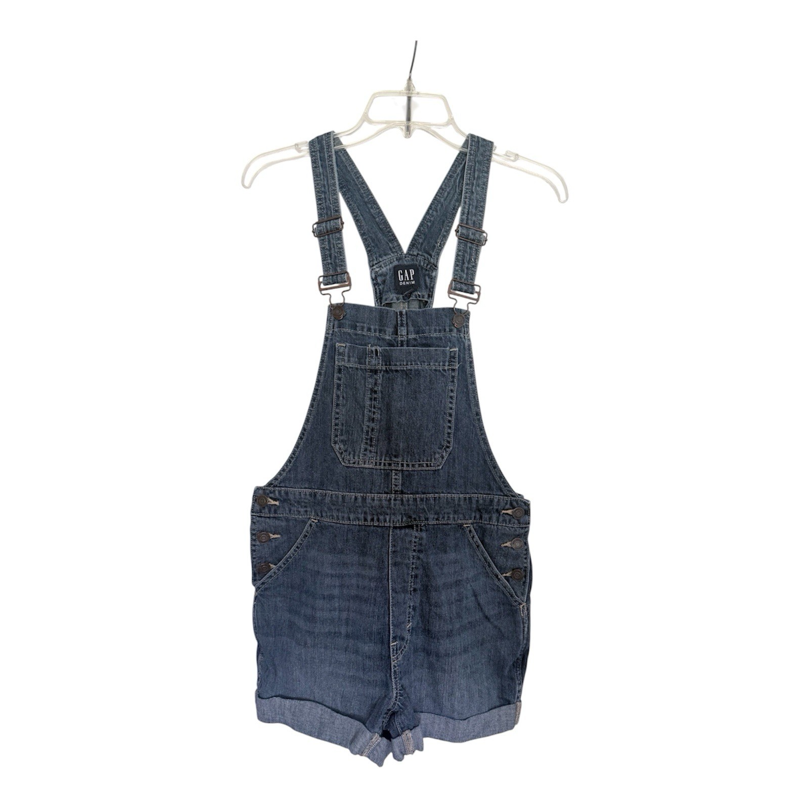 Gap Jean Bib Overall Shorts Women’s Small Cuffed Frayed Hem Festival Denim Blue