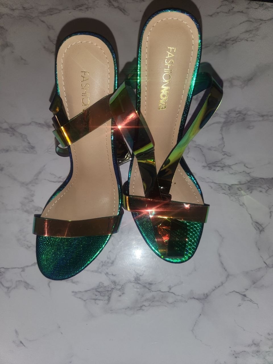 Fashion Nova The Glass Slipper Mermaid Iridescent Clear Strappy Heels