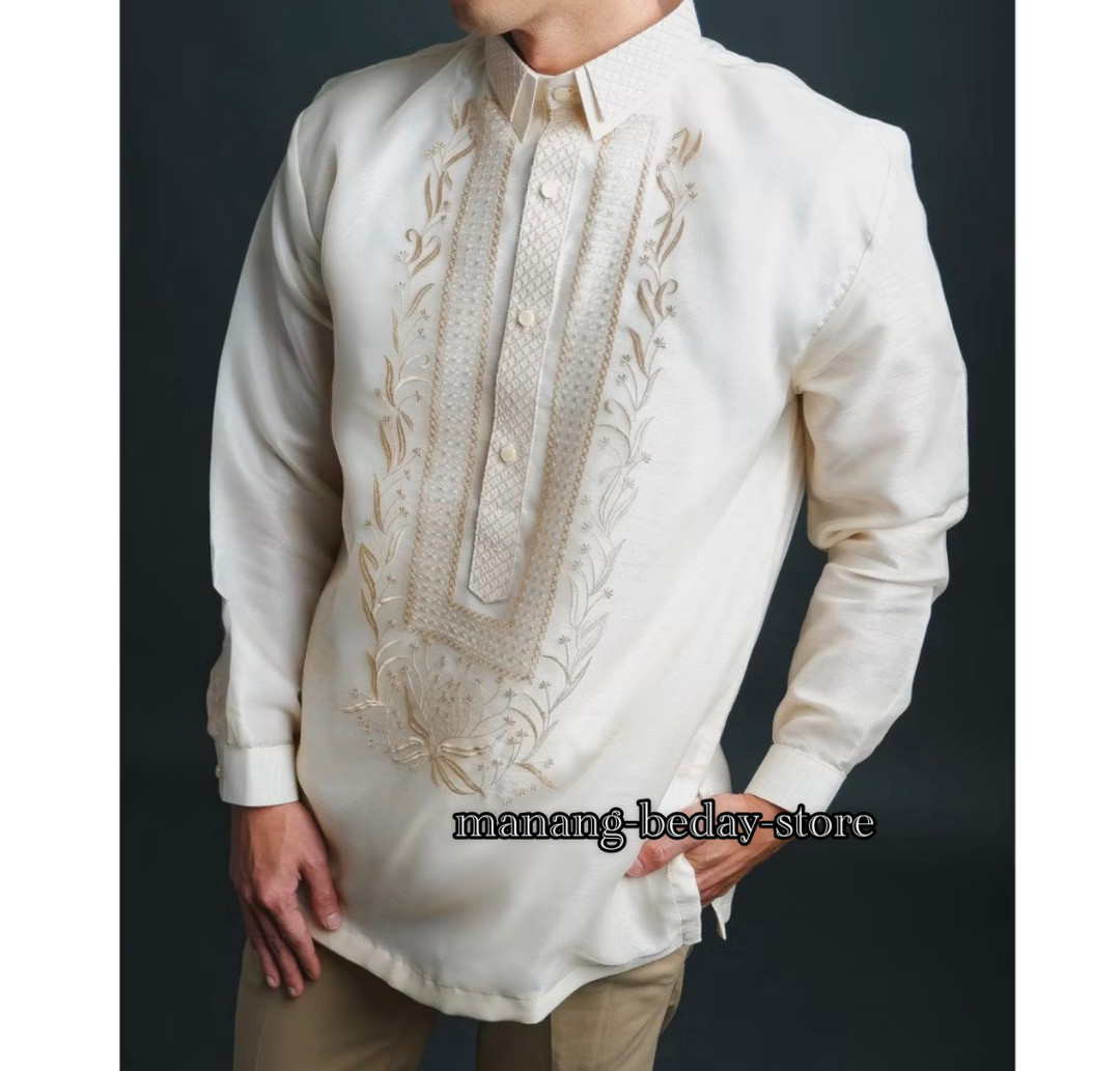 Barong Tagalog for Men Pina Organza w/ Lining Centinnial Design Beige Cream