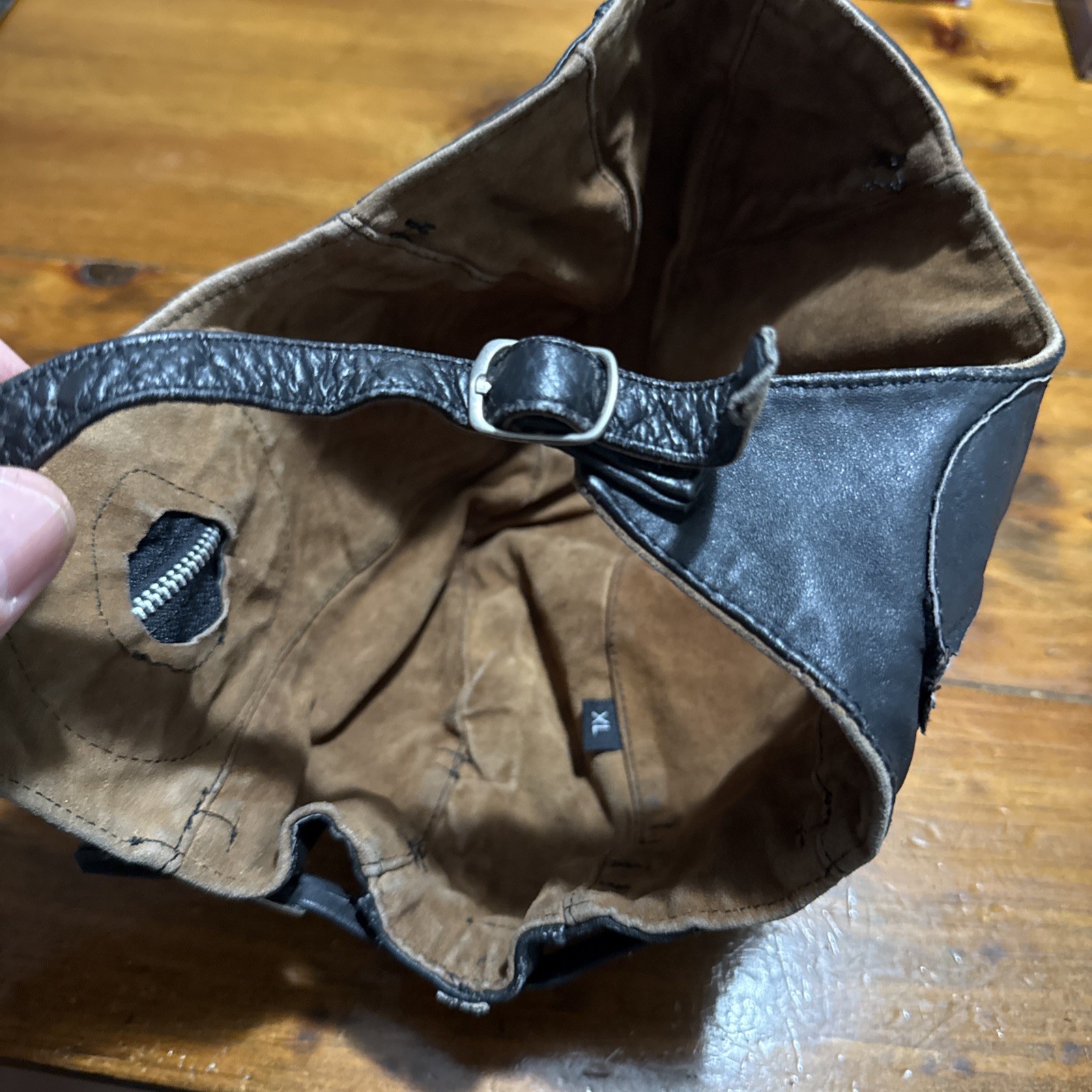 Black Leather WWII Style Pilot Aviator Helmet XL Suede Lined Zip Ear Pockets