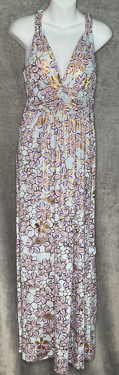 India Boutique OS Maxi Dress Blue Gold Metallic Floral Halter Boho Festival