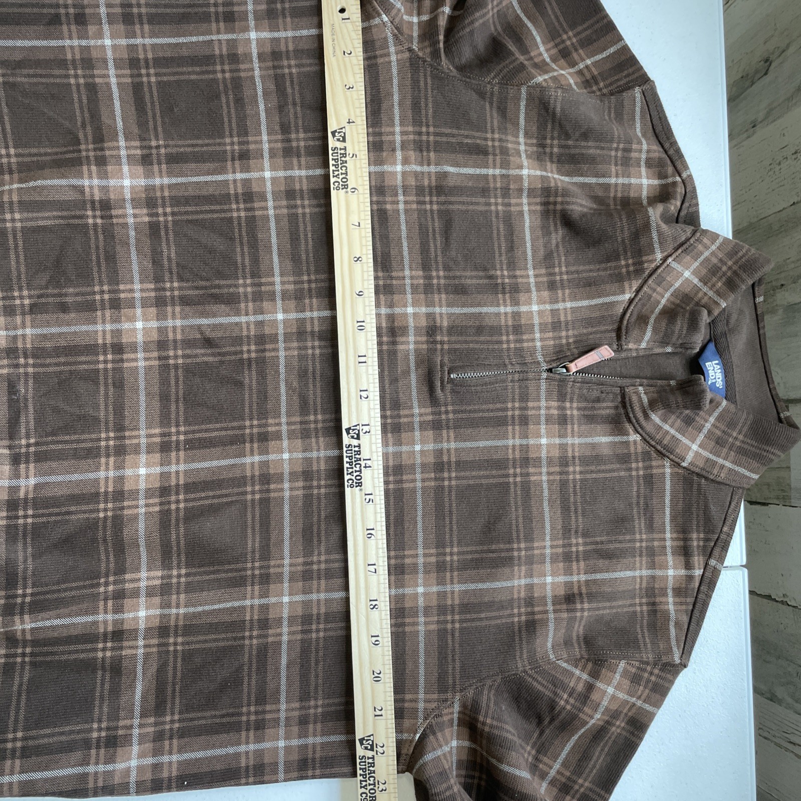 Lands’ End Brown Plaid 1/4 Zip Pullover Men’s Size Large 100% Cotton Mock Collar