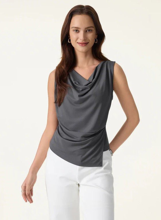 OGL Cowl Neck Asymmetrical Tucked Sleeveless Top, Taro Purple