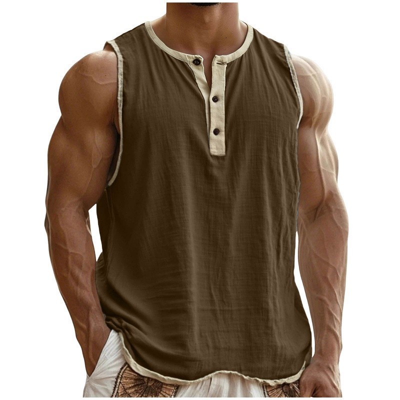 Men’s Sleeveless Henley Tank Top Casual Gym Workout Muscle Shirt Summer Vest