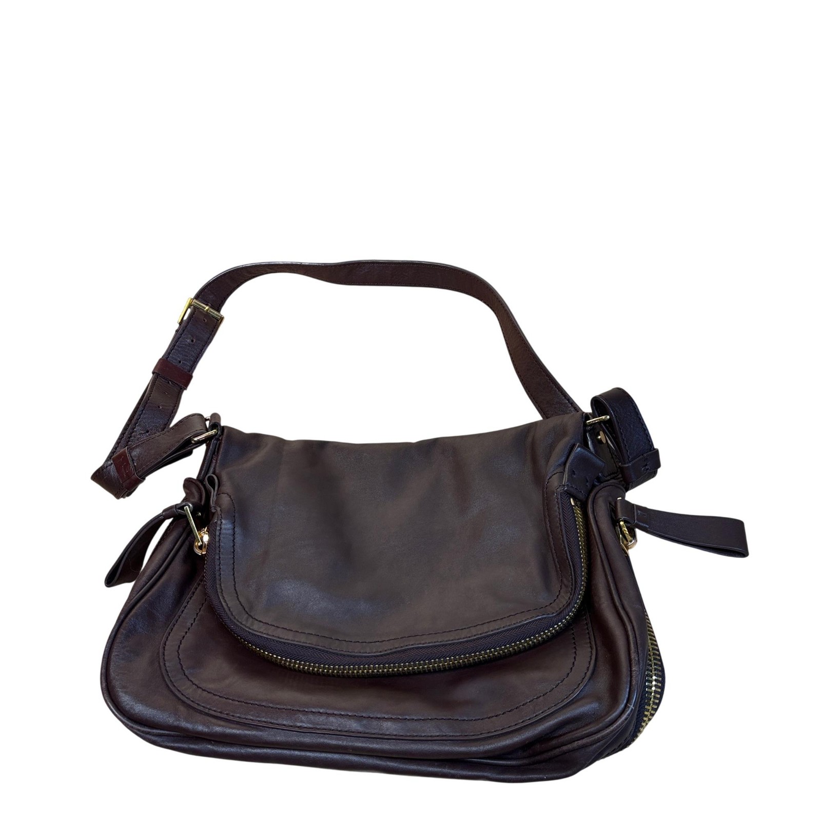 Tom Ford Jennifer Large Brown Calfskin Leather Crossbody Bag 14.25″L/4″W/11″H