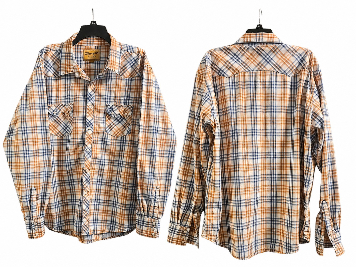Wrangler Retro XXL Men’s Western Pearl Snap Plaid Shirt Blue Orange Long Sleeve