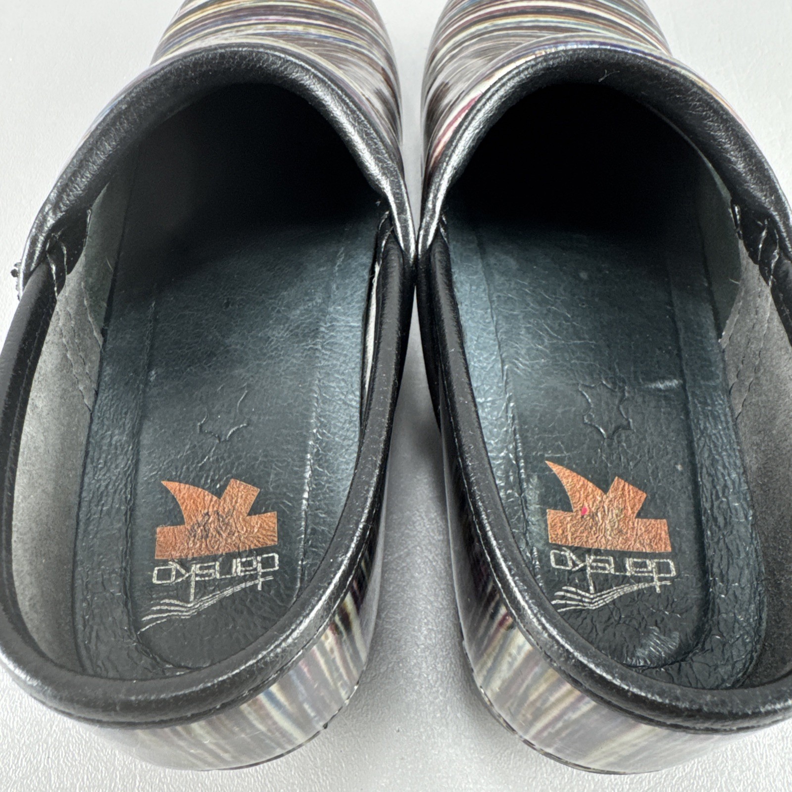 Dansko Pro XP Grey Multi-Colored Striped Patent Leather Clogs Sz 38 US 7.5-8