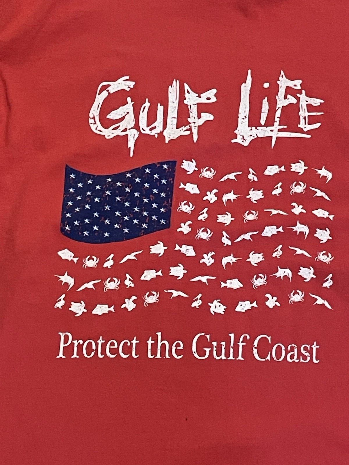 Gulf Life Red T-Shirt L Short Sleeve Seafood USA Flag UNIQUE Coastal EUC