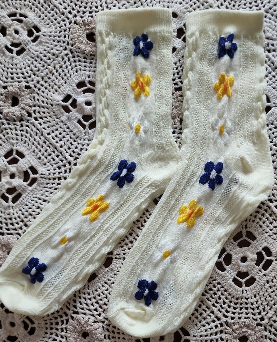 Handcrafted ~ Ivory ~ Embellished w/Multicolor Floral Design ~ Tight Knit Socks