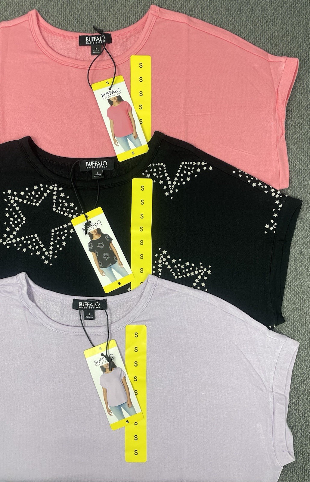 Buffalo Ladies French Terry Short Sleeve Top Pick Size Pink, Black or Lilac NWT