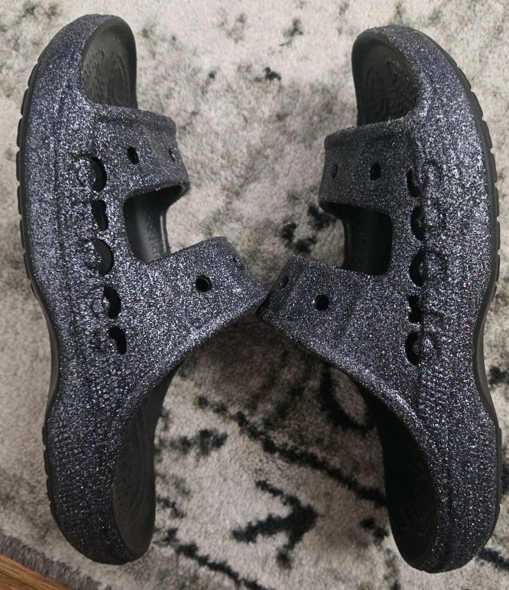 Crocs Baya Slide Sandals Womens 7 Mens 5 Black Glitter Iconic Comfort
