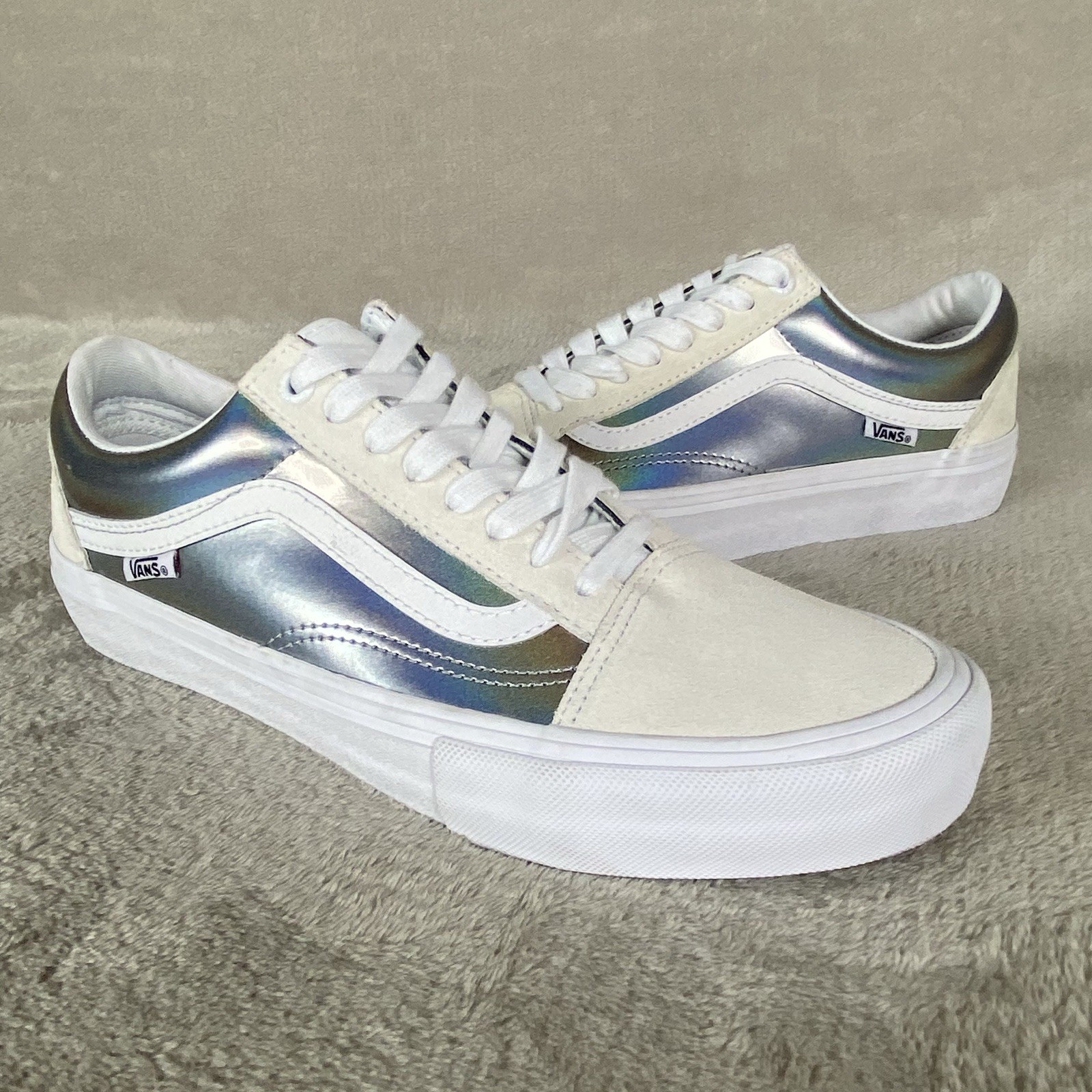Vans Old Skool Pro Iridescent Shoes Men 8 Women 9.5 White Suede Sneakers NEW