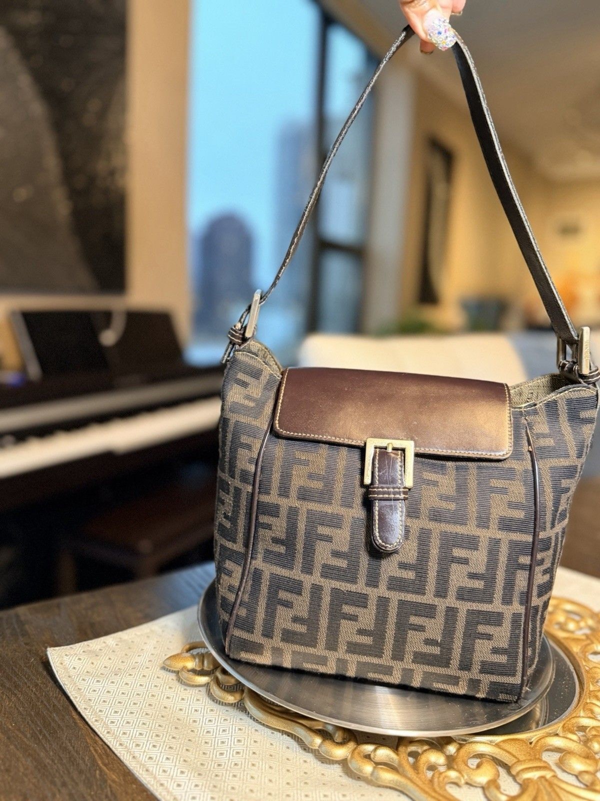 ✨ Authentic Fendi Zucca Shoulder Top Handle Crossbody Bag Canvas & Leather FF