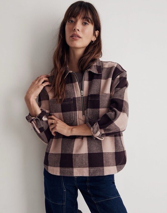 Madewell Waffle Knit Half Zip Boxy Popover Plaid Red Pink Cozy Shirt Size Medium