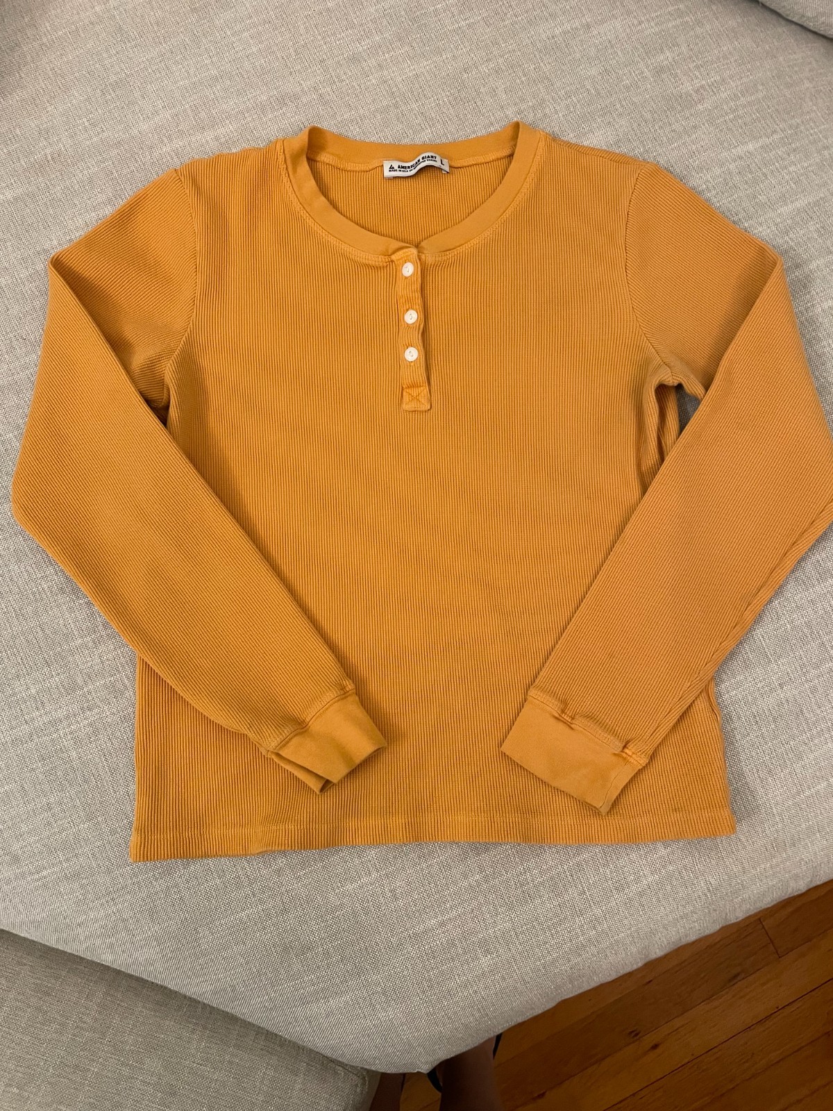 American Giant Shirt Womens Large Mustard Henley Long Sleeve Thermal Made USA