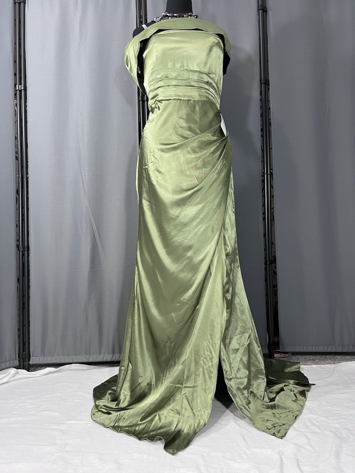 Green Satin Asymmetric Off-shoulder Prom Gown L Corset Cocktail Evening Dress #J