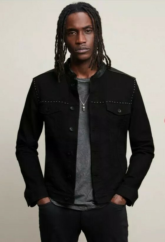 NEW JOHN VARVATOS BLACK DENIM LAYNE TRUCKER JACKET WITH LEATHER ACCENTS – SMALL