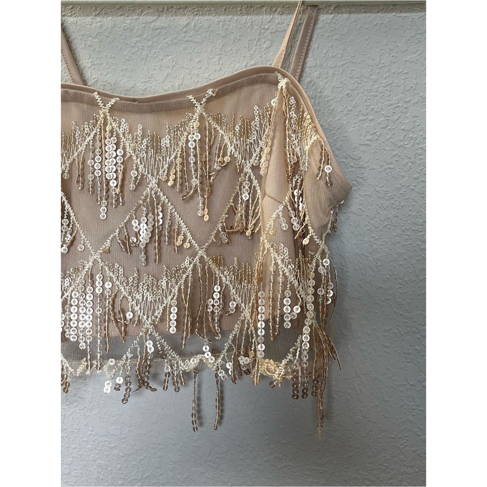 Rose Gold Sequin Fringe Festival Cropped Tank Women Medium Coquette Glam Y2K