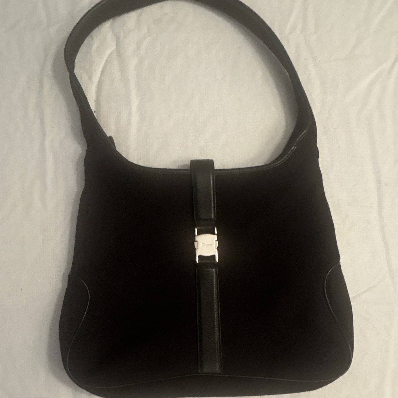 Salvatore Ferragamo Black Shoulder Bag Medium Zip Silver Hardware Logo Strap