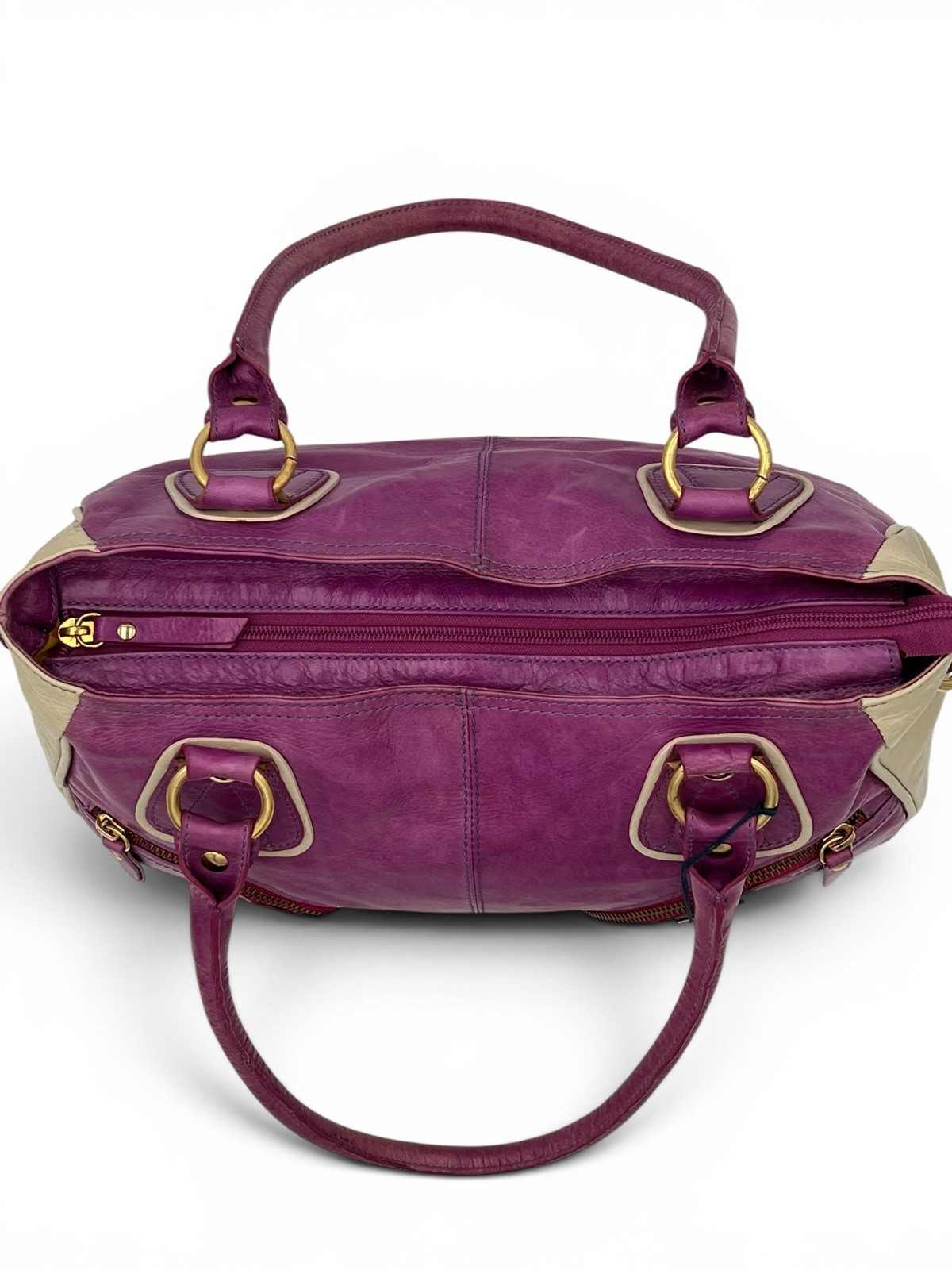 Vintage Roberta Gandolfi Italian Leather Bowler Bag Purple Beige Y2K Purse Tote