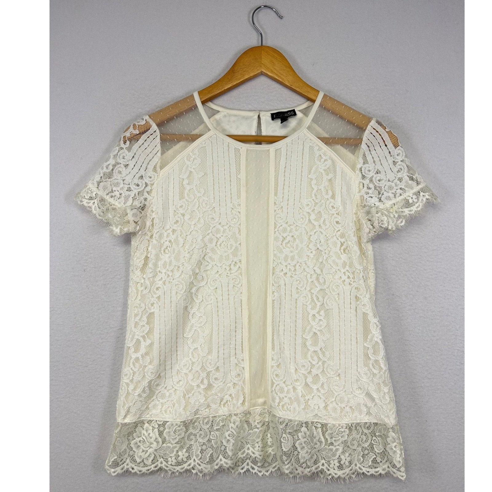 Romantic Coquette Express Womens Small Ivory Floral Lace Swiss Dot Mesh Blouse