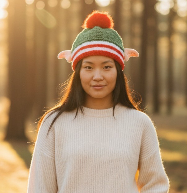 Ugly Christmas Hat Holiday Time Elf Ears Sherpa Striped Adjustable One Size