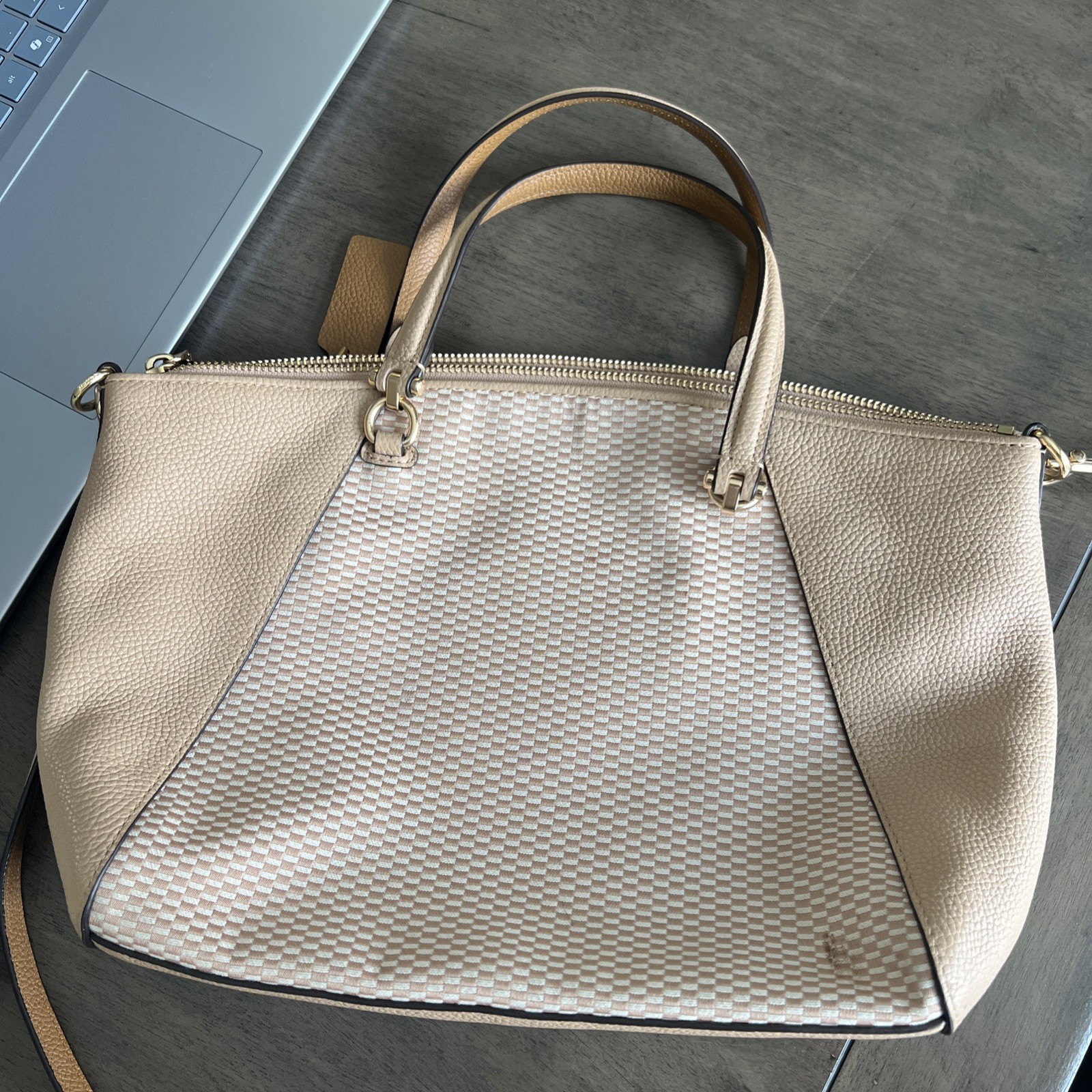 COACH Pairie Satchel in Pebble Leather and Checkerboad Fabric Neautral
