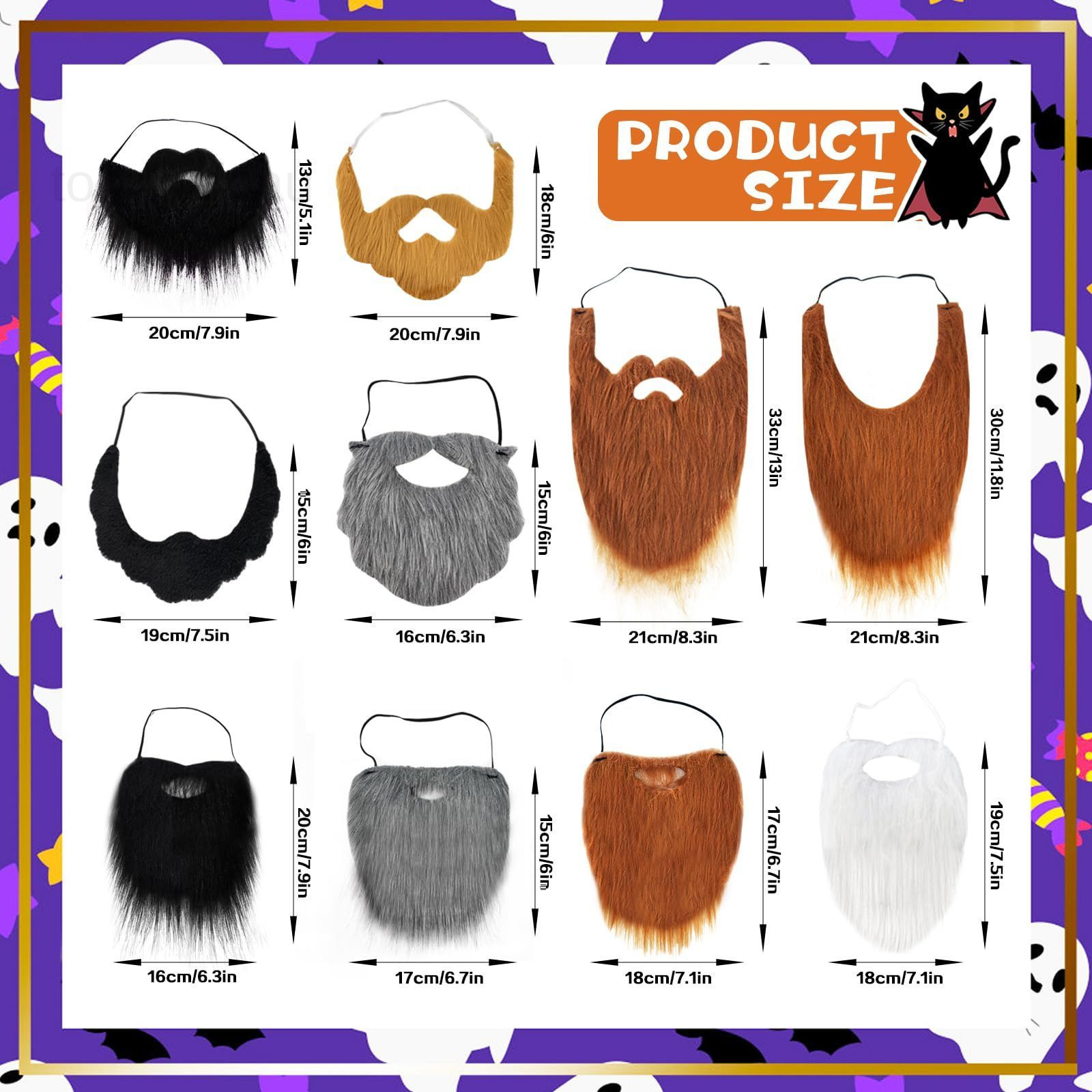 10 Pcs Fake Beards,Funny False Mustaches,Costume Beard Halloween Large, Black
