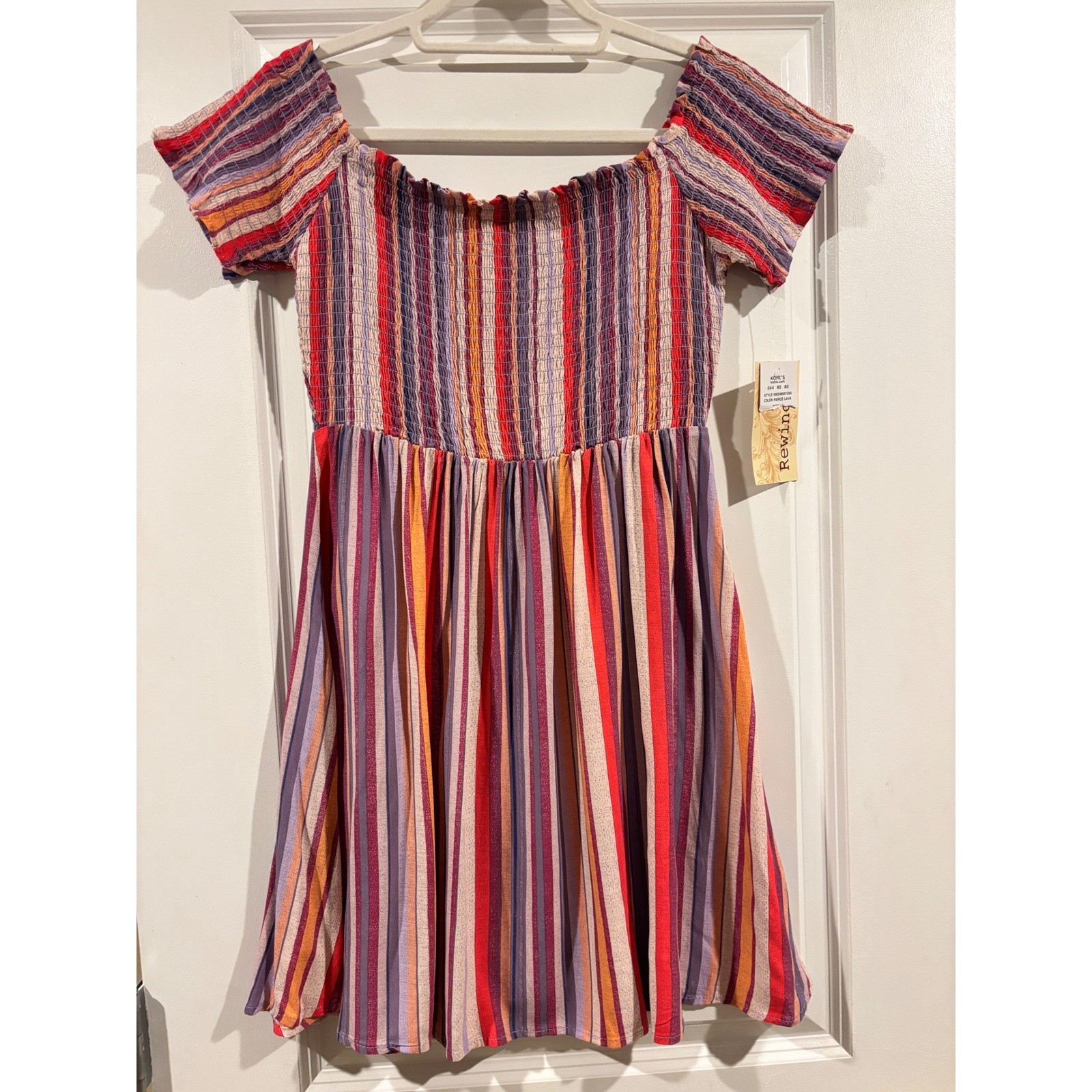 Rewind Mini Dress Womens Medium NWT Fierce Lava Striped Smocked Off Shoulder NKD