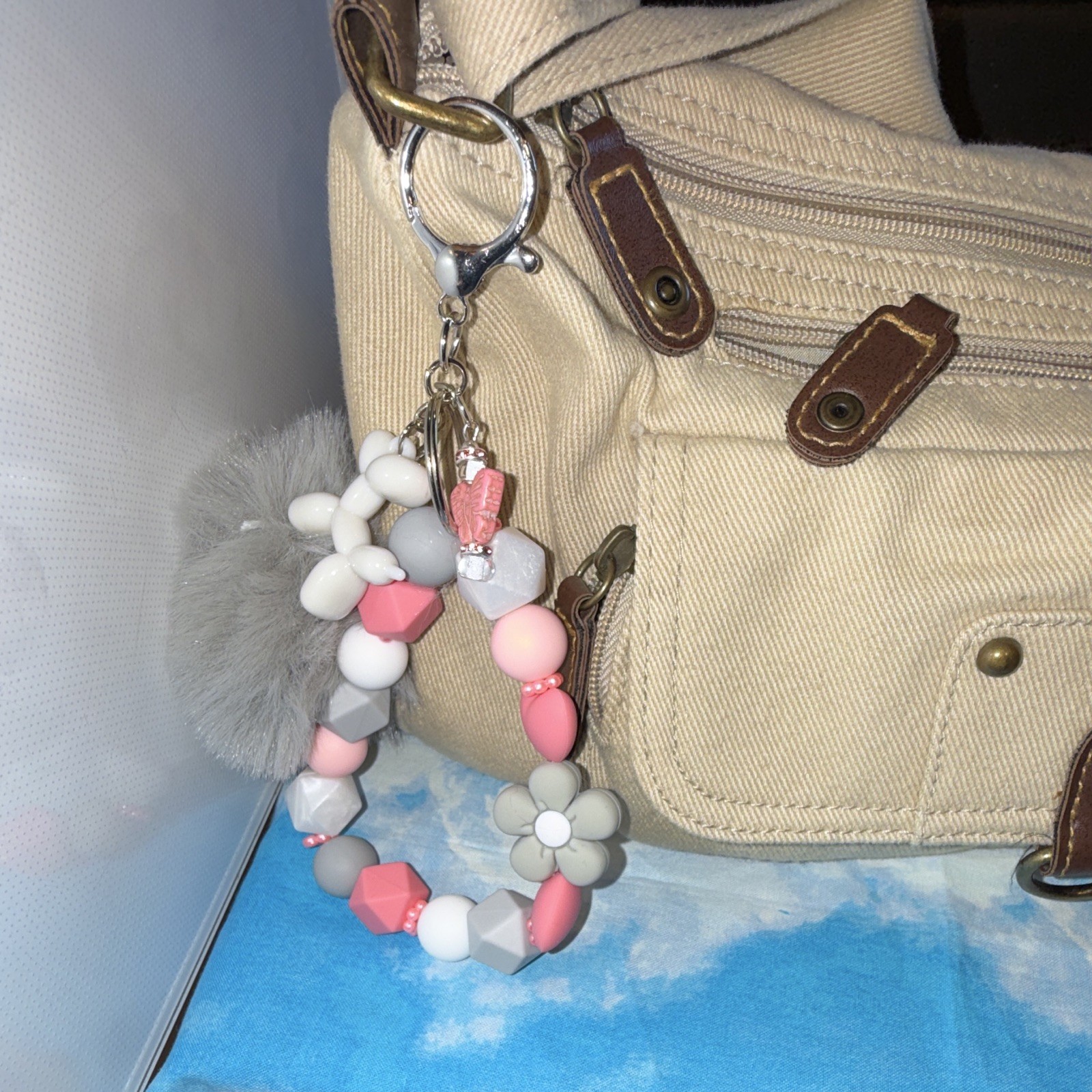 Pink/Gray/White Beaded Wristlet Key Chain/Bag Charm w/Pom Pom & Clip