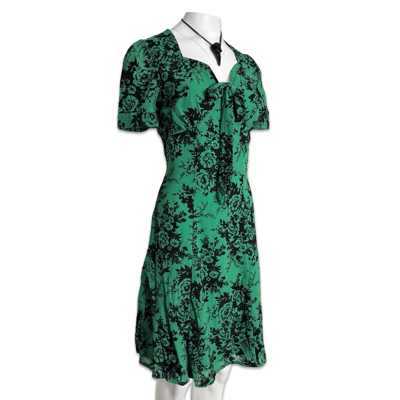 VOODOO VIXEN RETRO PIN UP 50s BRITANNY FLOCKED CHIFFON GREEN ROSE DRESS DRA8091