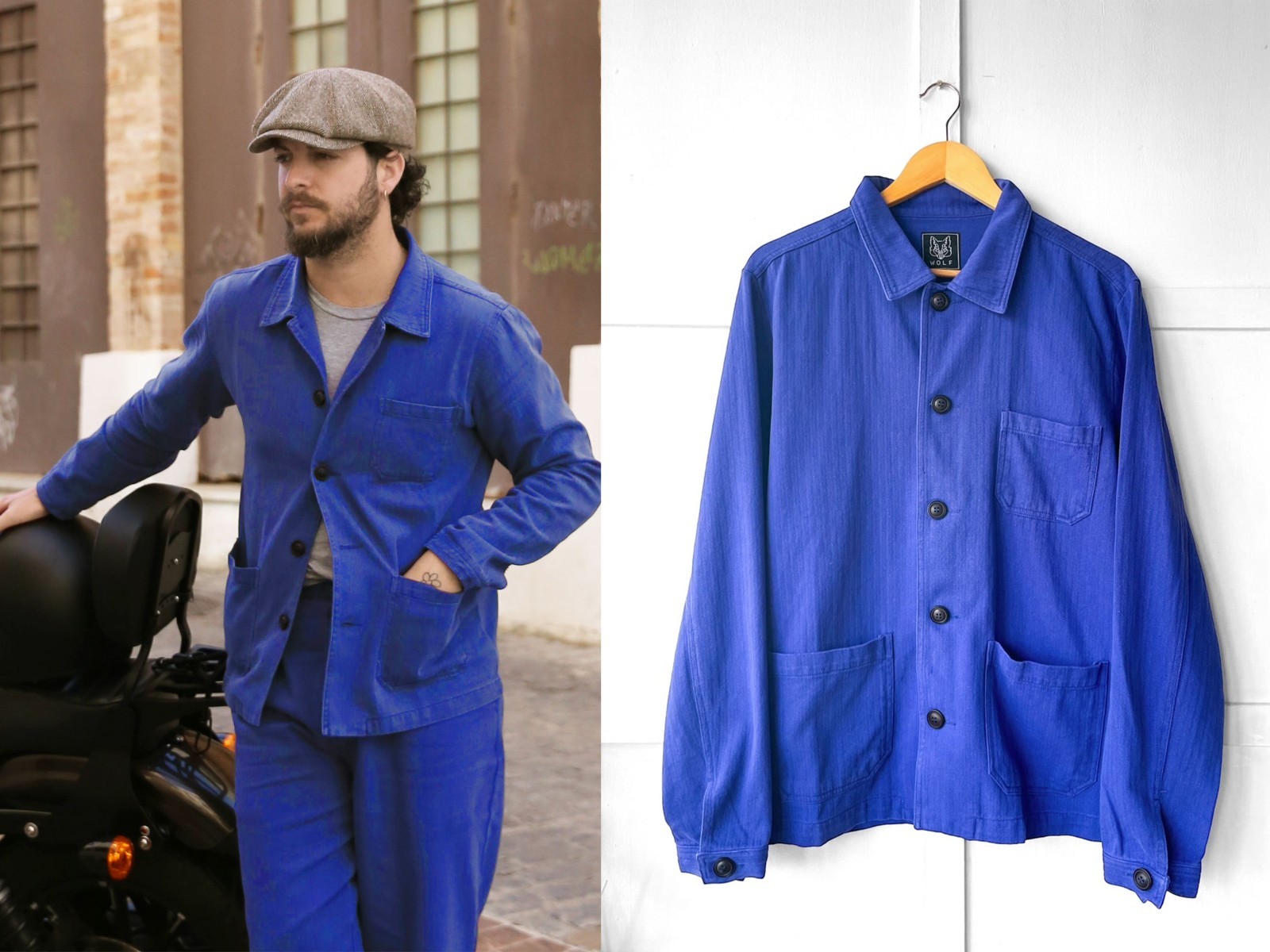 Herringbone French Chore Jacket 60s Style Bugatti Blue Washed Cotton Twill