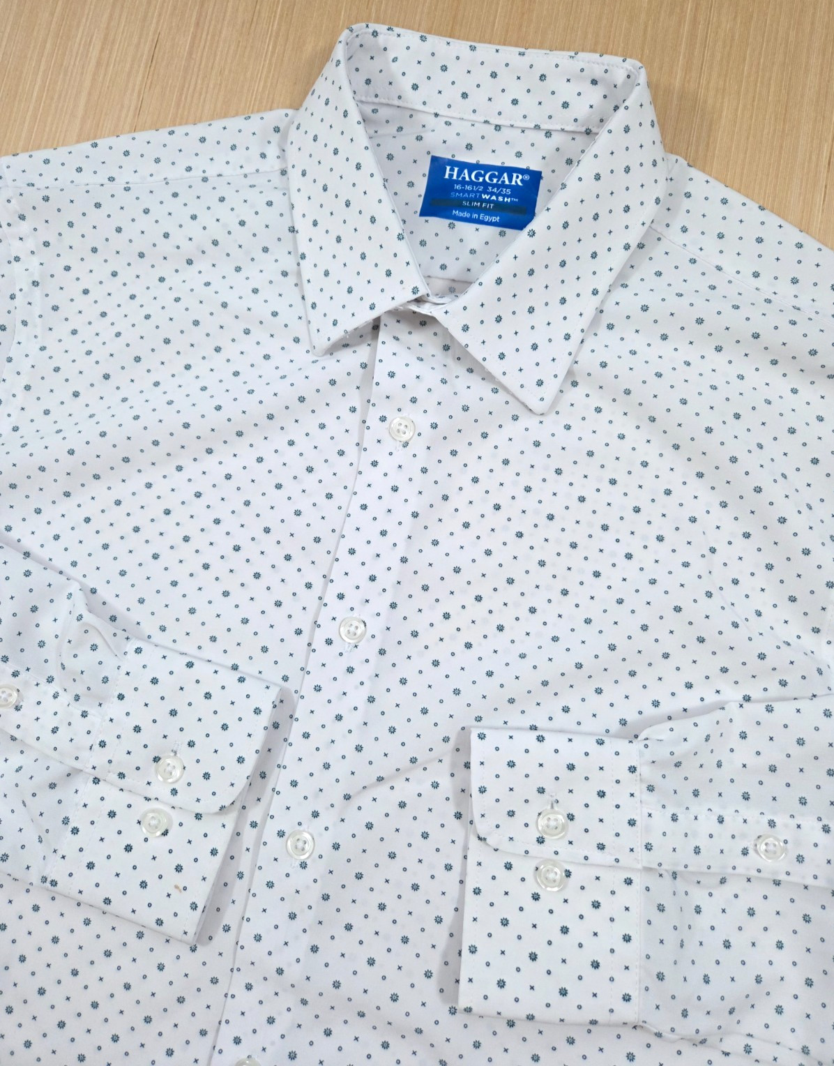 Haggar Smart Wash Slim Fit Shirt Men’s 16-16 1/2 34/35 White Dark Green Print