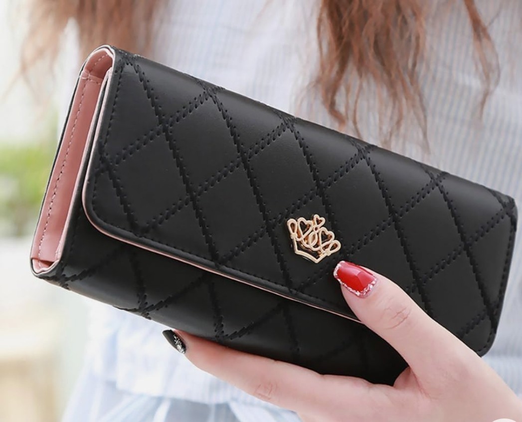 Women’s Black Quilted Wallet with Pink Interior, Metal Logo, Card Slots, Zipper