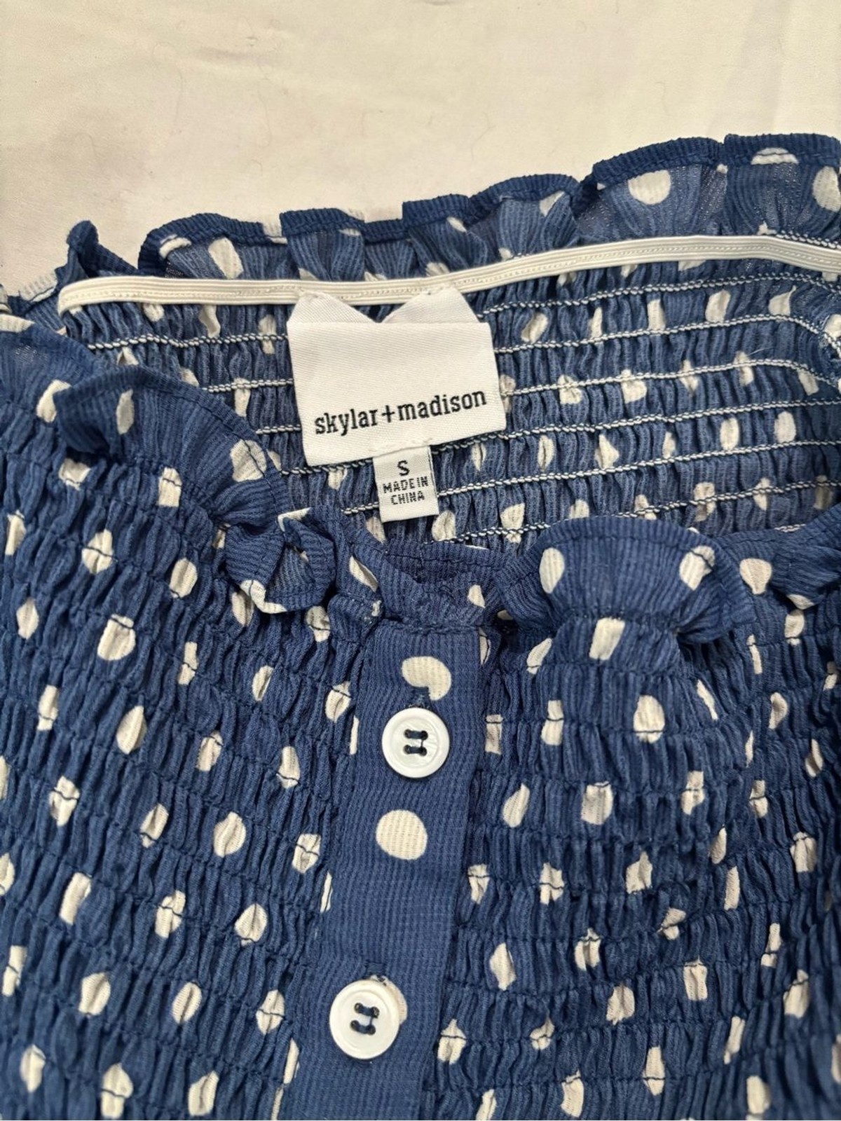 Skylar + Madison Navy Blue Polka Dot Off-Shoulder Smocked Crop Top