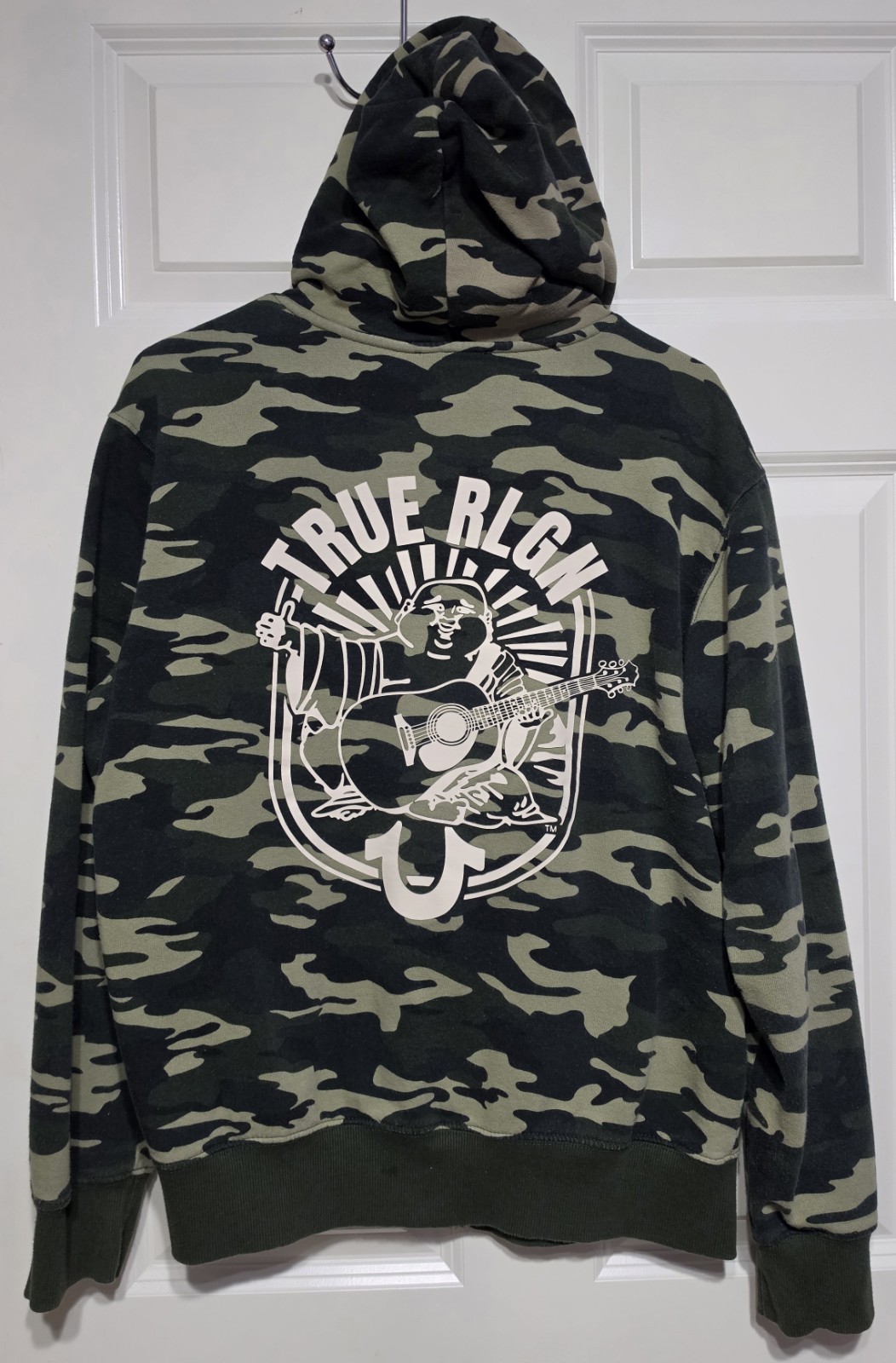 True Religion Men’s Large Full Zip Camo Hoodie Buddha Guitar