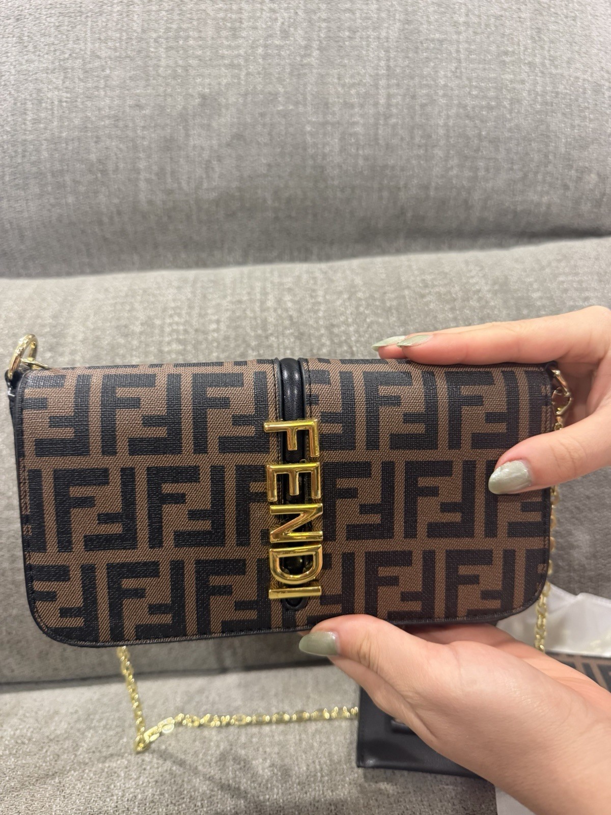 Fendi Brown/Black FF Logo Wallet Wristlet w/ Chain, Zipper, Gold-Tone HW