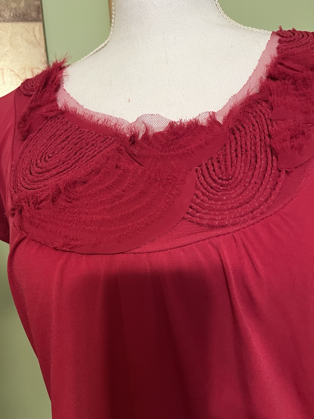 Worthington Cranberry Colored Short Sleeve Top With Embellished Neckline- Size M