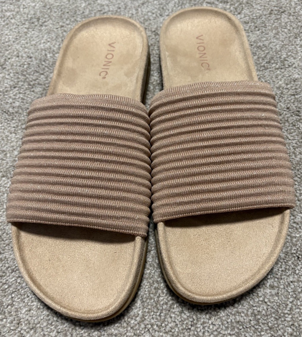 Vionic Evie Supportive Ribbed Knit Slide Sandal Rugby Tan Women 9 Arch Support