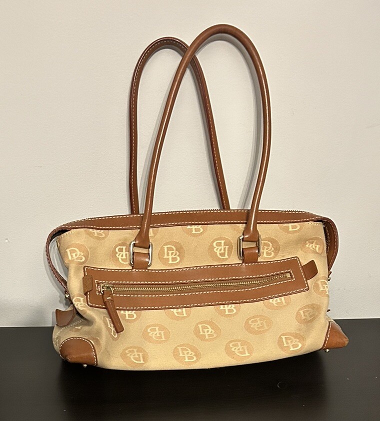 Dooney Bourke Satchel Purse Tan Canvas Leather 2 Front Lock Double Pocket