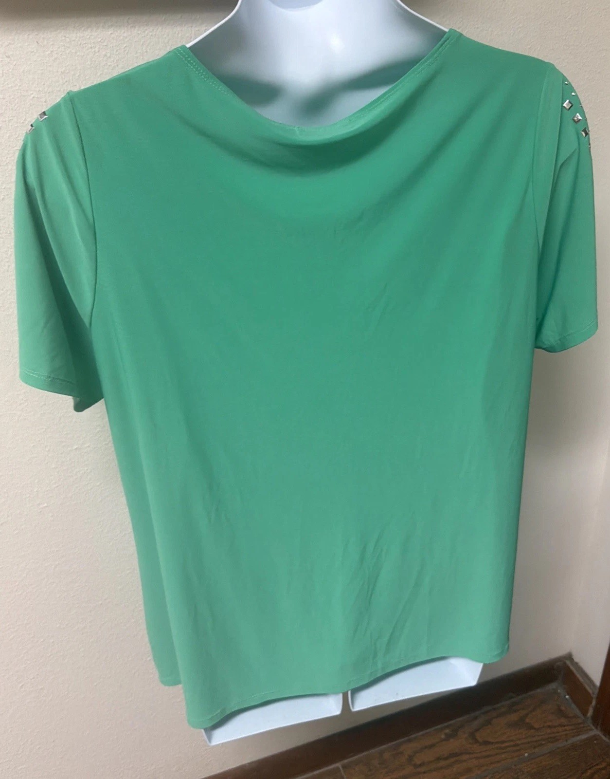 Notations Bright Green Silky Jersey Knit Tunic Top Cold Shoulder Studded Sz 2X